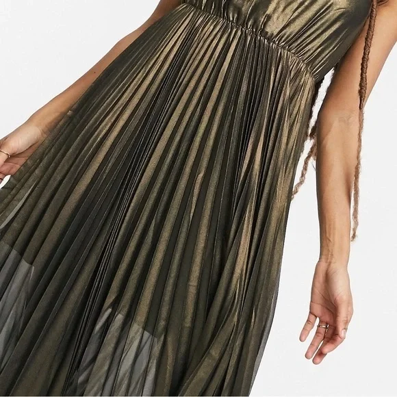All Saints Lerin Pleated Metallic Maxi Dress, asymmetrical hem, Size Med, Y2K - Picture 5 of 5